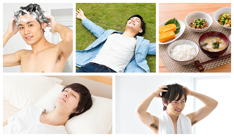 シャンプー、リラックス、バランスの良い食事、睡眠をとる男性、頭皮マッサージする男性