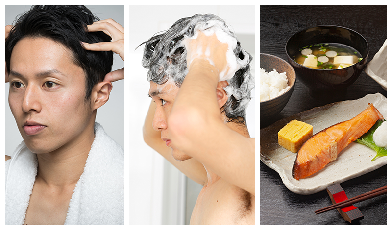 頭皮マッサージする男性、シャンプーする男性、バランスの良い食事