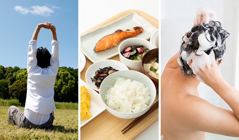 リラックスする男性、バランスの良い食事、シャンプーする男性