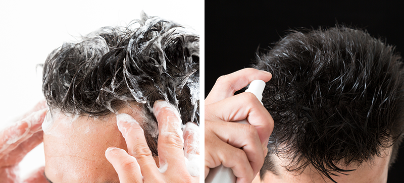 シャンプーする男性、育毛剤を使用する男性