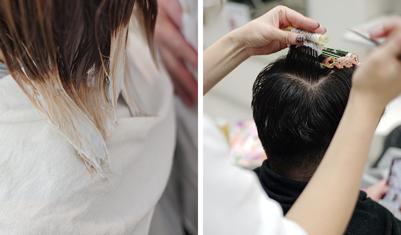 髪を染める様子、パーマをかける様子