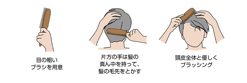 目の粗いブラシを持っているイラスト。片方の手は髪の真ん中を持って、髪に負担がかからないようにしているイラスト。頭皮を優しくブラッシングするイラスト。