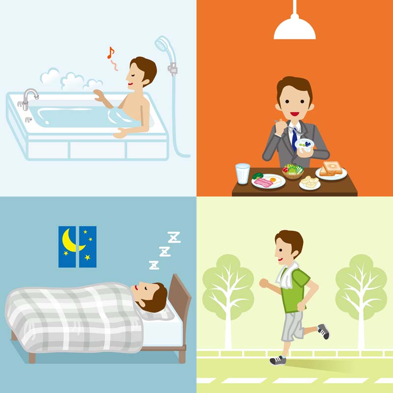 生活習慣のイメージイラスト（食事・睡眠・運動・風呂）