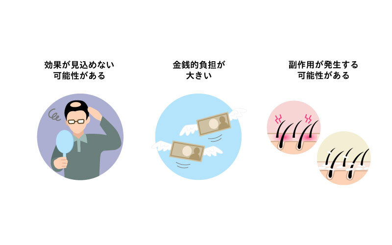 AGA治療のデメリット(効果が見込めない可能性がある・金銭的負担が大きい・副作用が発生する可能性がある)を表したイラスト画像
