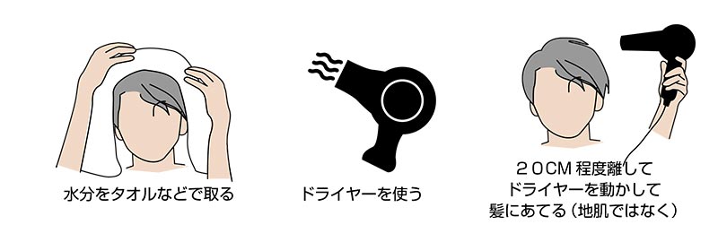 正しいシャンプーの仕方④タオルで軽く叩いて髪の水分を取り除き、頭皮から20cm離したドライヤーで髪を乾燥させる
