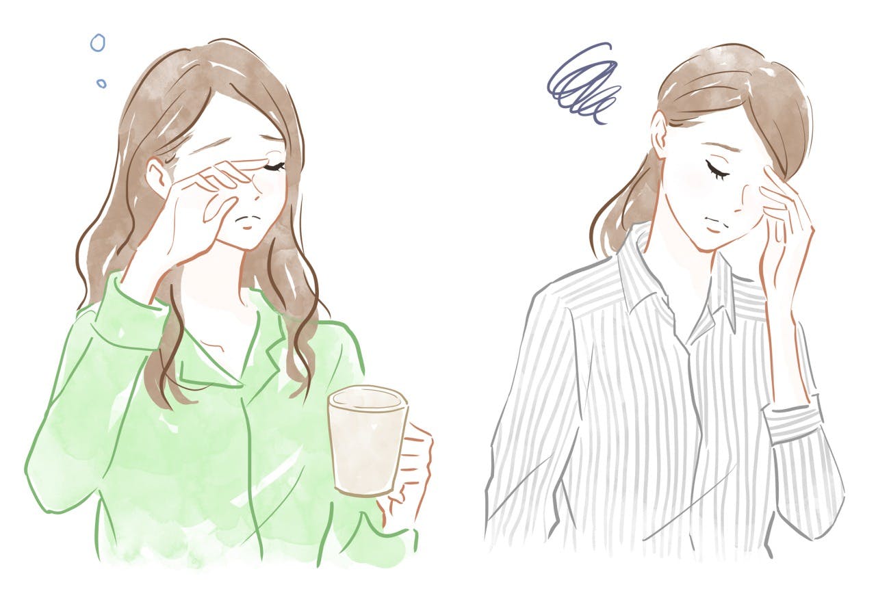 寝不足や頭痛など、ストレスを感じている女性のイメージイラスト